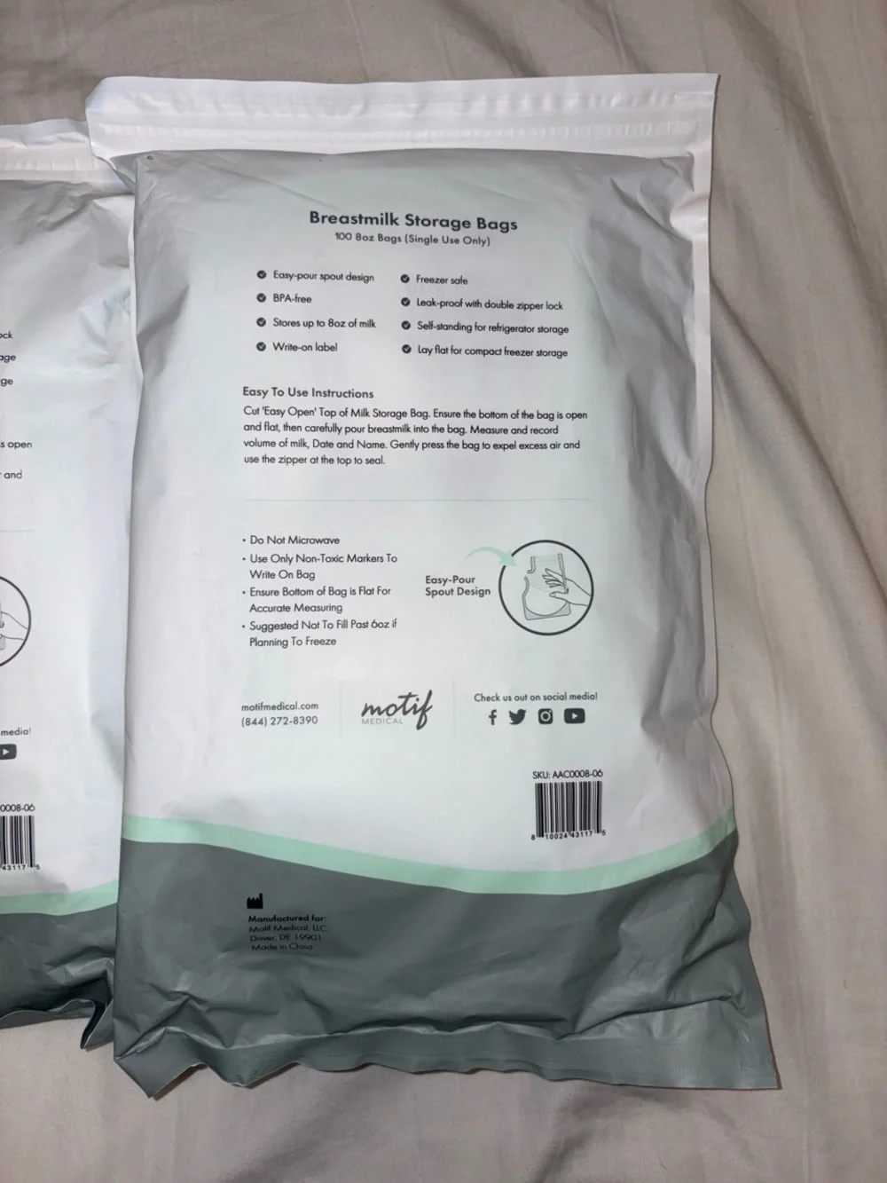 Motif Medical White Breastmilk Storage Bags - 100 Count